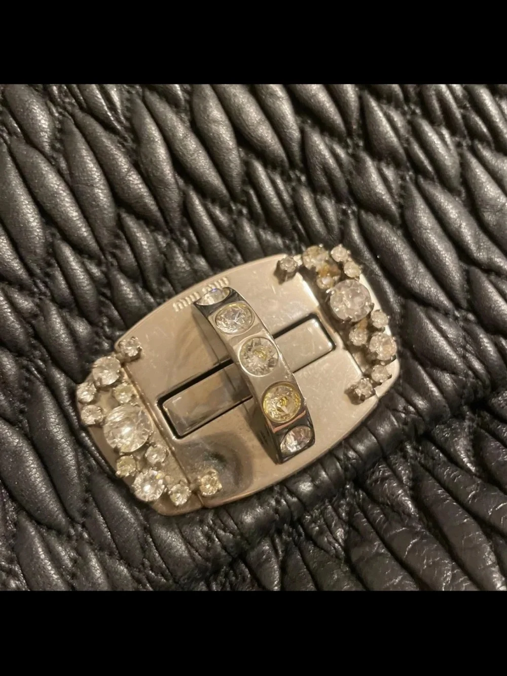 Miu Miu Black Quilted Leather Shoulder Bag with Crystal-Strap